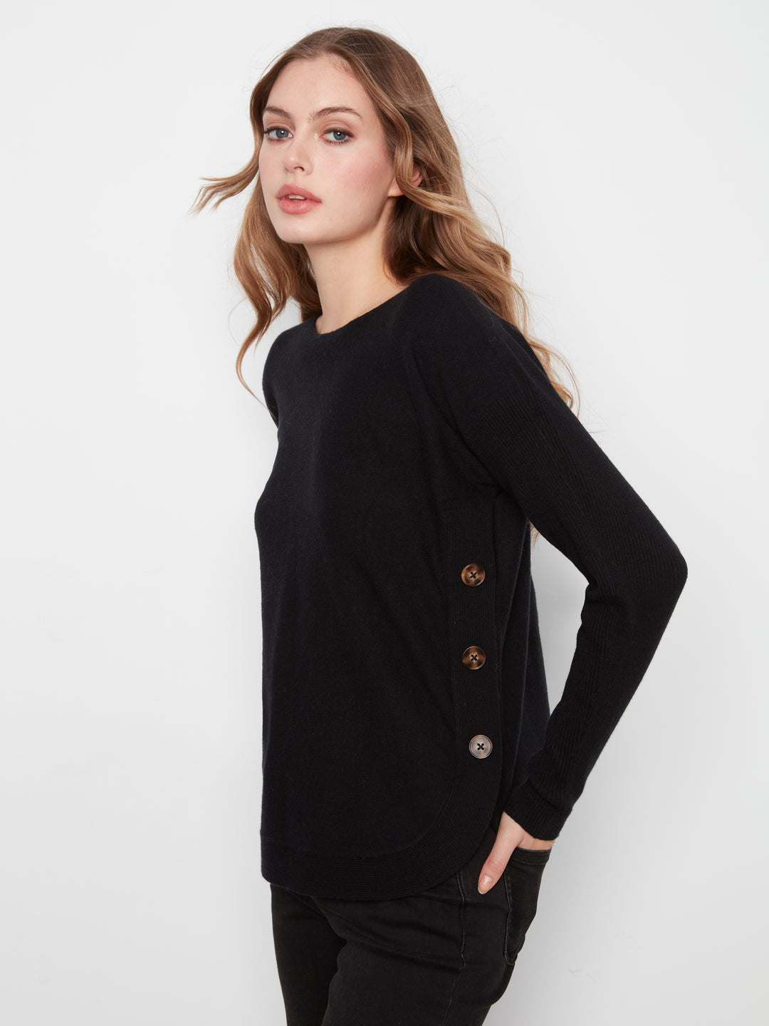 Long Sleeve Drop Shoulder Boat Neck Sweater With Side Buttons Detail