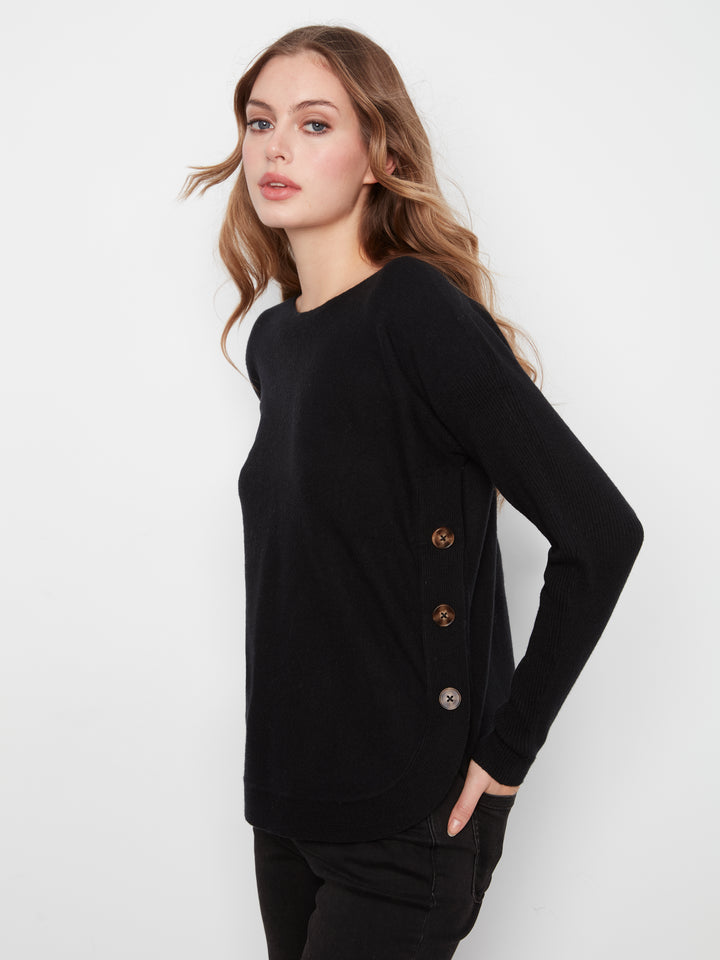 Long Sleeve Drop Shoulder Boat Neck Sweater With Side Buttons Detail