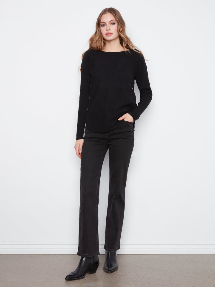Long Sleeve Drop Shoulder Boat Neck Sweater With Side Buttons Detail