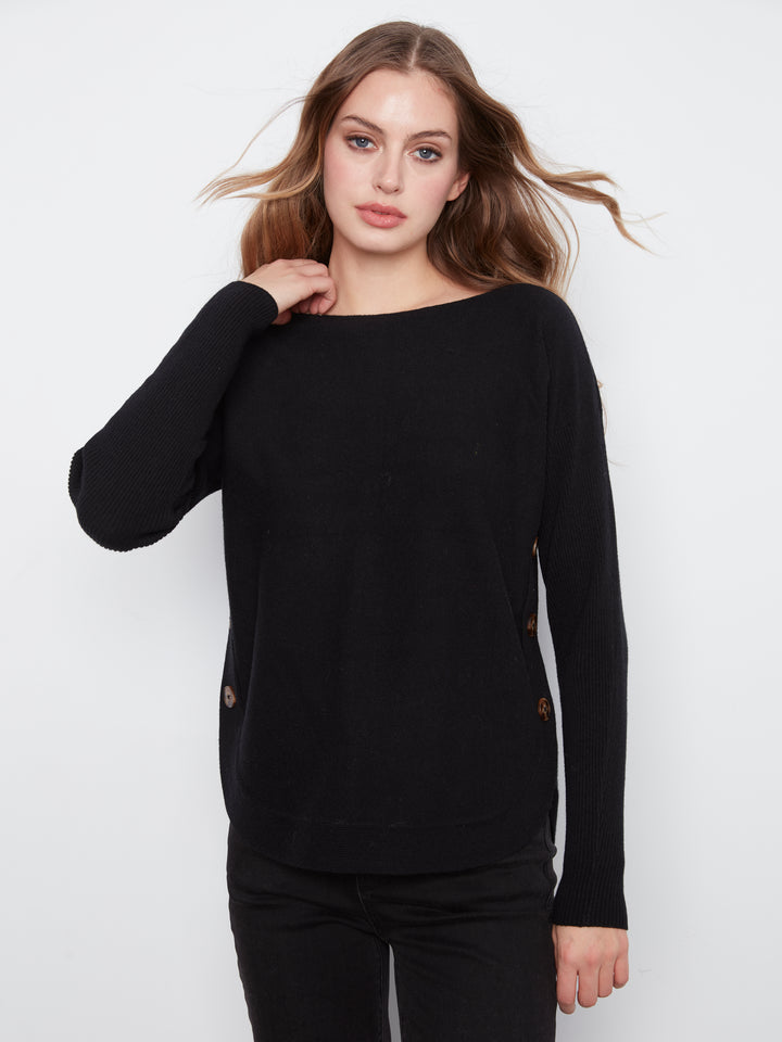 Long Sleeve Drop Shoulder Boat Neck Sweater With Side Buttons Detail