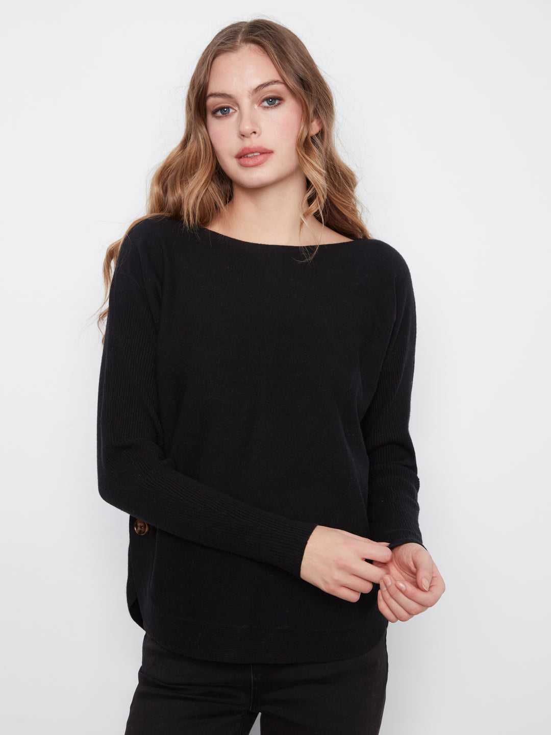 Long Sleeve Drop Shoulder Boat Neck Sweater With Side Buttons Detail