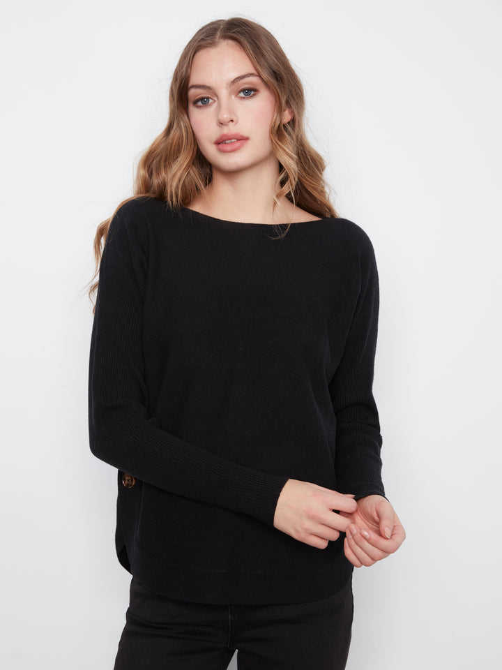 Long Sleeve Drop Shoulder Boat Neck Sweater With Side Buttons Detail