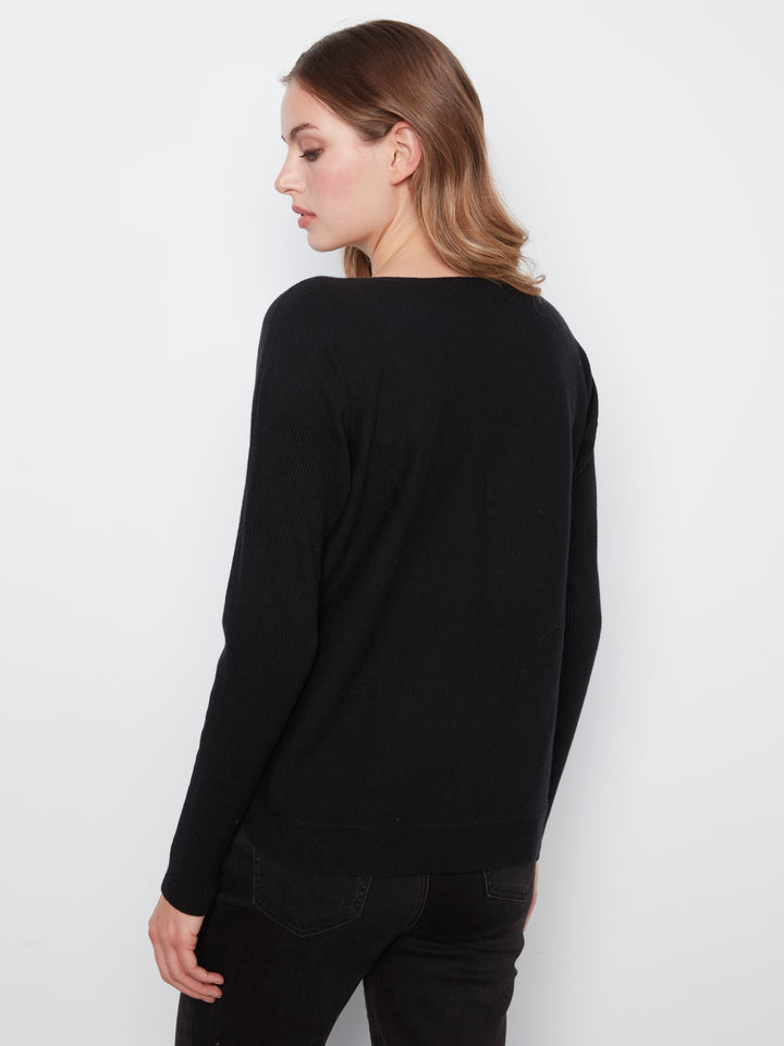 Long Sleeve Drop Shoulder Boat Neck Sweater With Side Buttons Detail