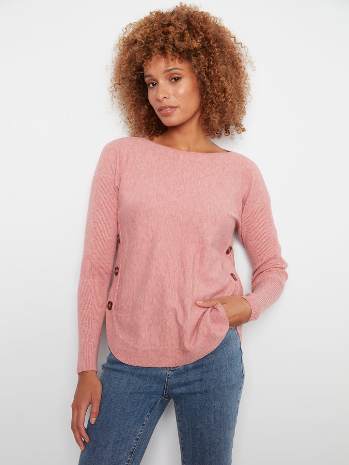 Long Sleeve Drop Shoulder Boat Neck Sweater With Side Buttons Detail