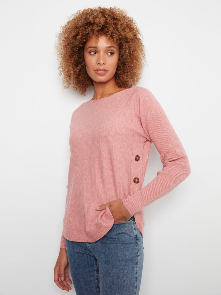 Long Sleeve Drop Shoulder Boat Neck Sweater With Side Buttons Detail