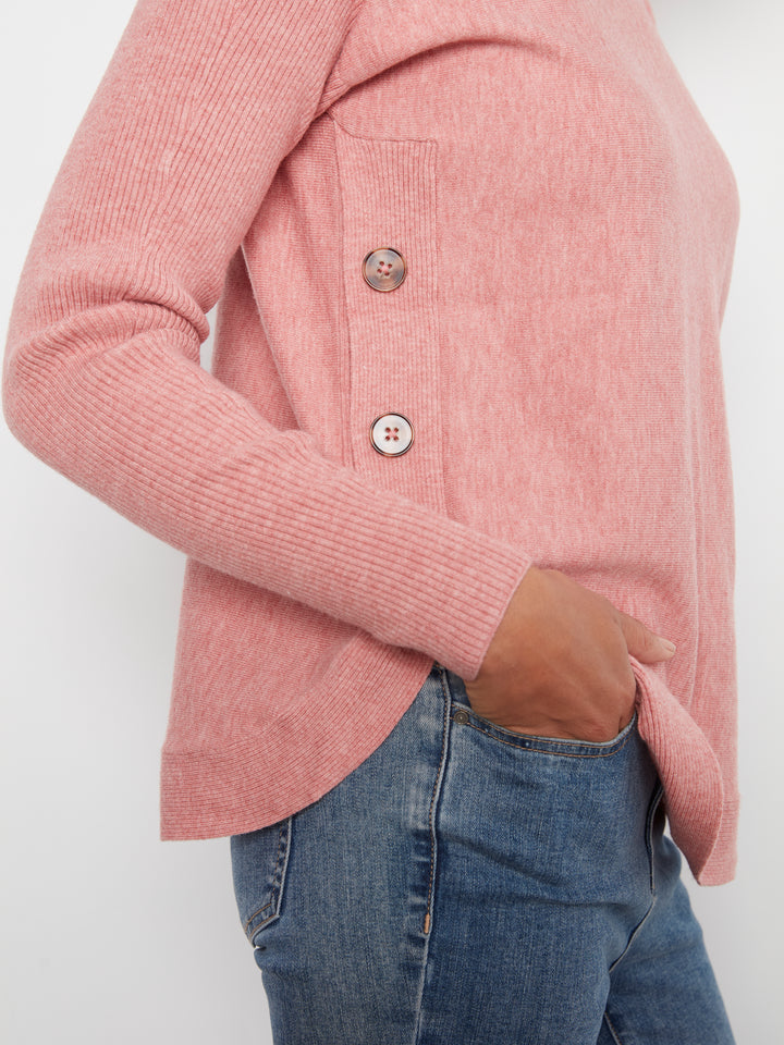 Long Sleeve Drop Shoulder Boat Neck Sweater With Side Buttons Detail