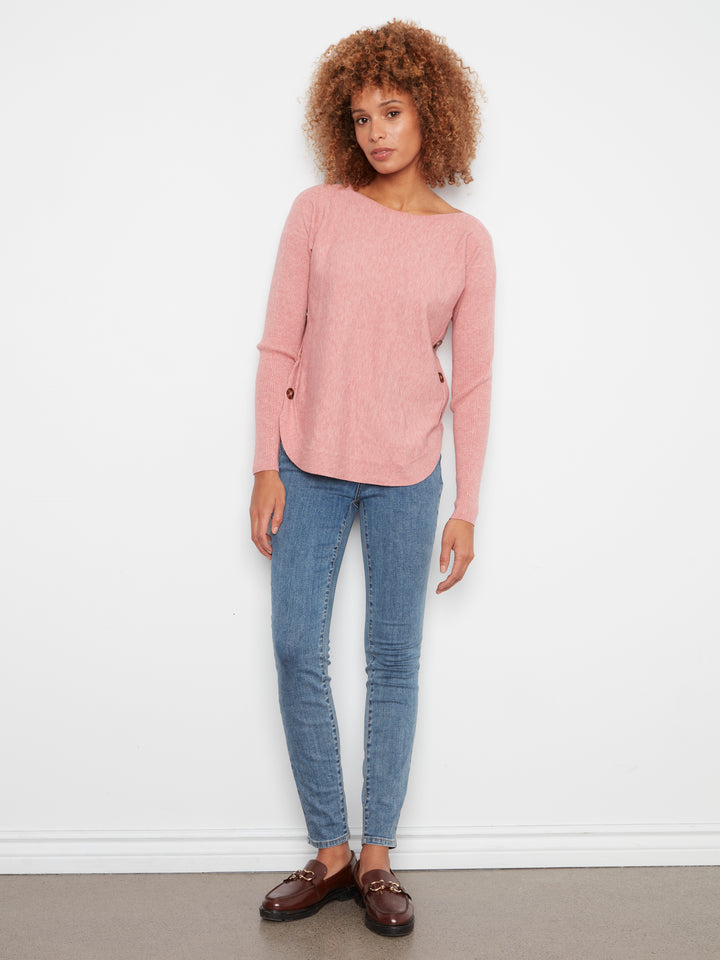 Long Sleeve Drop Shoulder Boat Neck Sweater With Side Buttons Detail