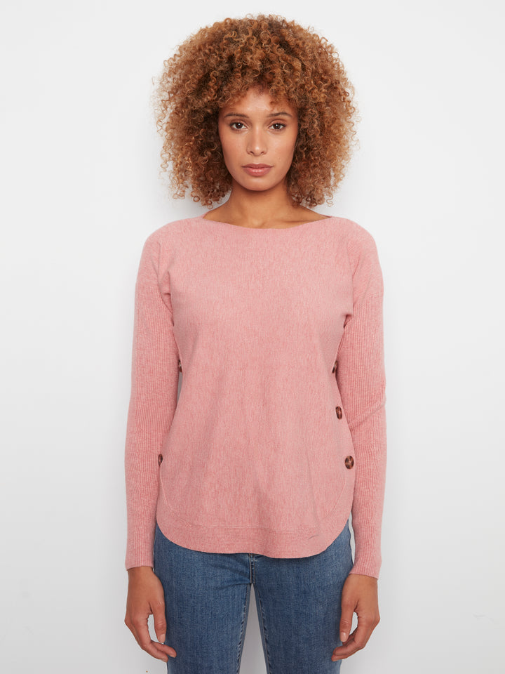 Long Sleeve Drop Shoulder Boat Neck Sweater With Side Buttons Detail