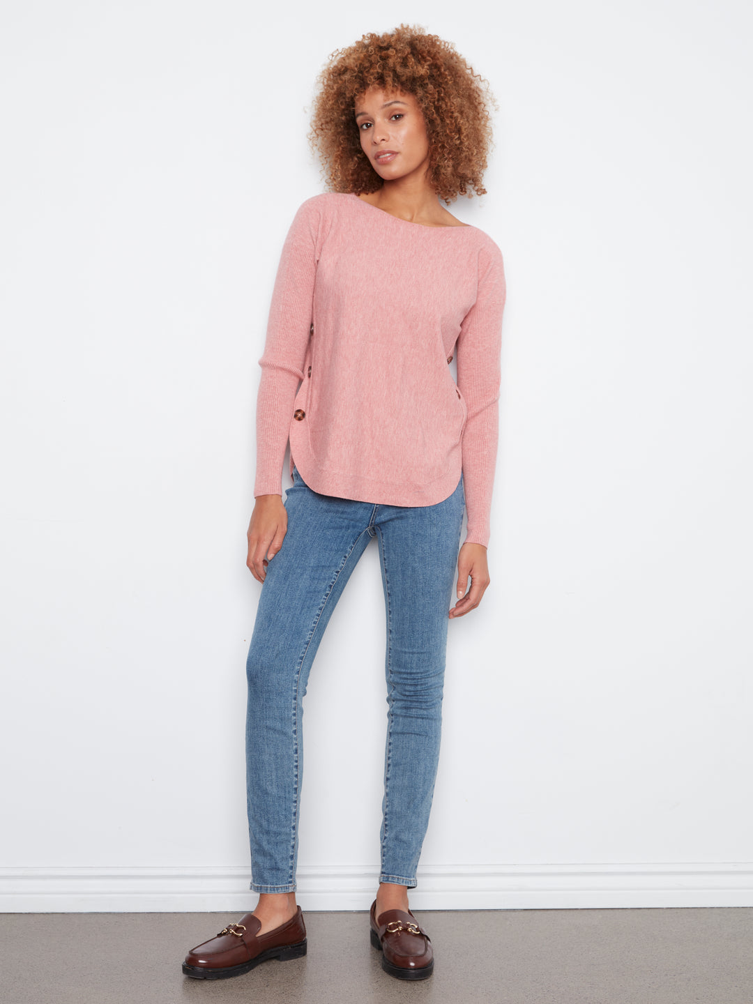 Long Sleeve Drop Shoulder Boat Neck Sweater With Side Buttons Detail
