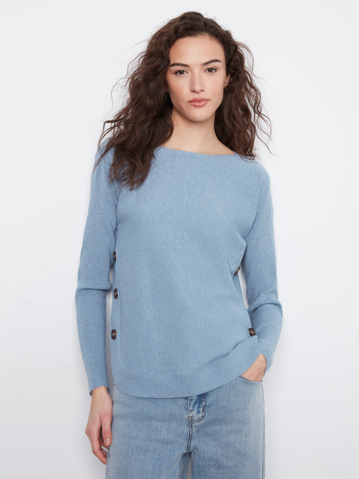 Long Sleeve Drop Shoulder Boat Neck Sweater With Side Buttons Detail