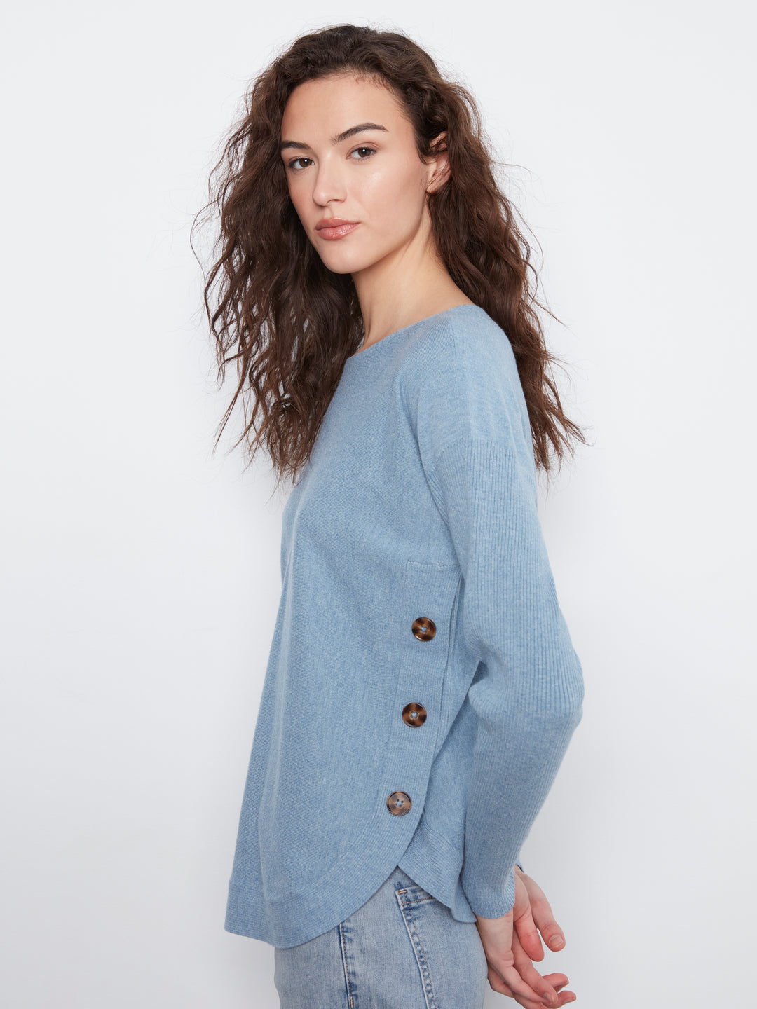Long Sleeve Drop Shoulder Boat Neck Sweater With Side Buttons Detail