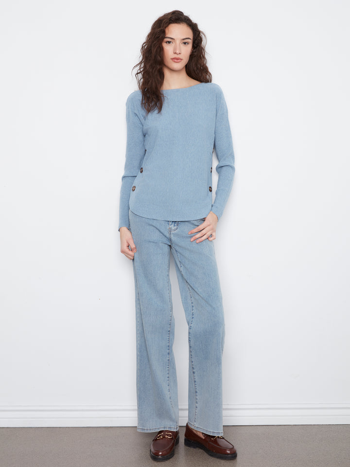 Long Sleeve Drop Shoulder Boat Neck Sweater With Side Buttons Detail