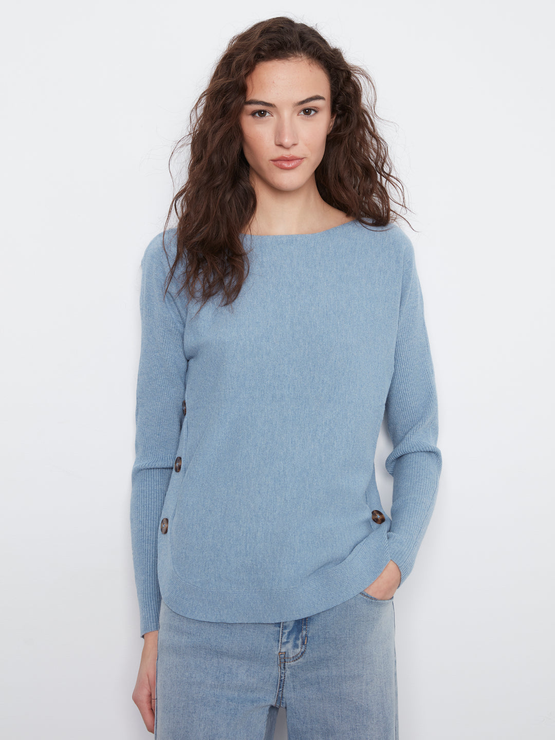Long Sleeve Drop Shoulder Boat Neck Sweater With Side Buttons Detail
