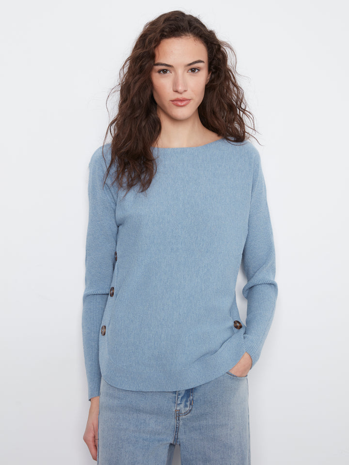 Long Sleeve Drop Shoulder Boat Neck Sweater With Side Buttons Detail
