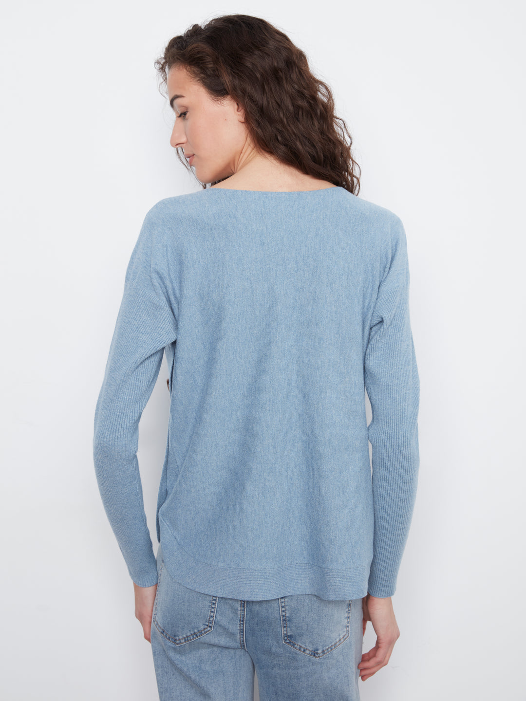 Long Sleeve Drop Shoulder Boat Neck Sweater With Side Buttons Detail