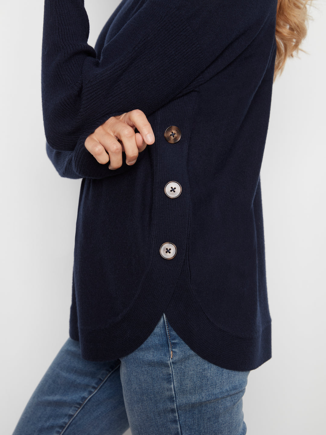 Long Sleeve Drop Shoulder Boat Neck Sweater With Side Buttons Detail