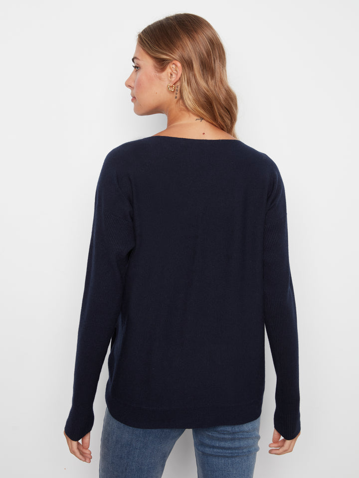 Long Sleeve Drop Shoulder Boat Neck Sweater With Side Buttons Detail