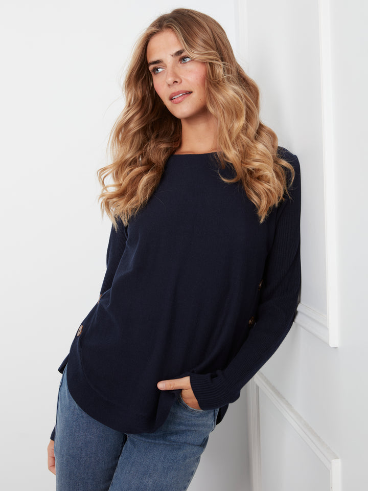 Long Sleeve Drop Shoulder Boat Neck Sweater With Side Buttons Detail