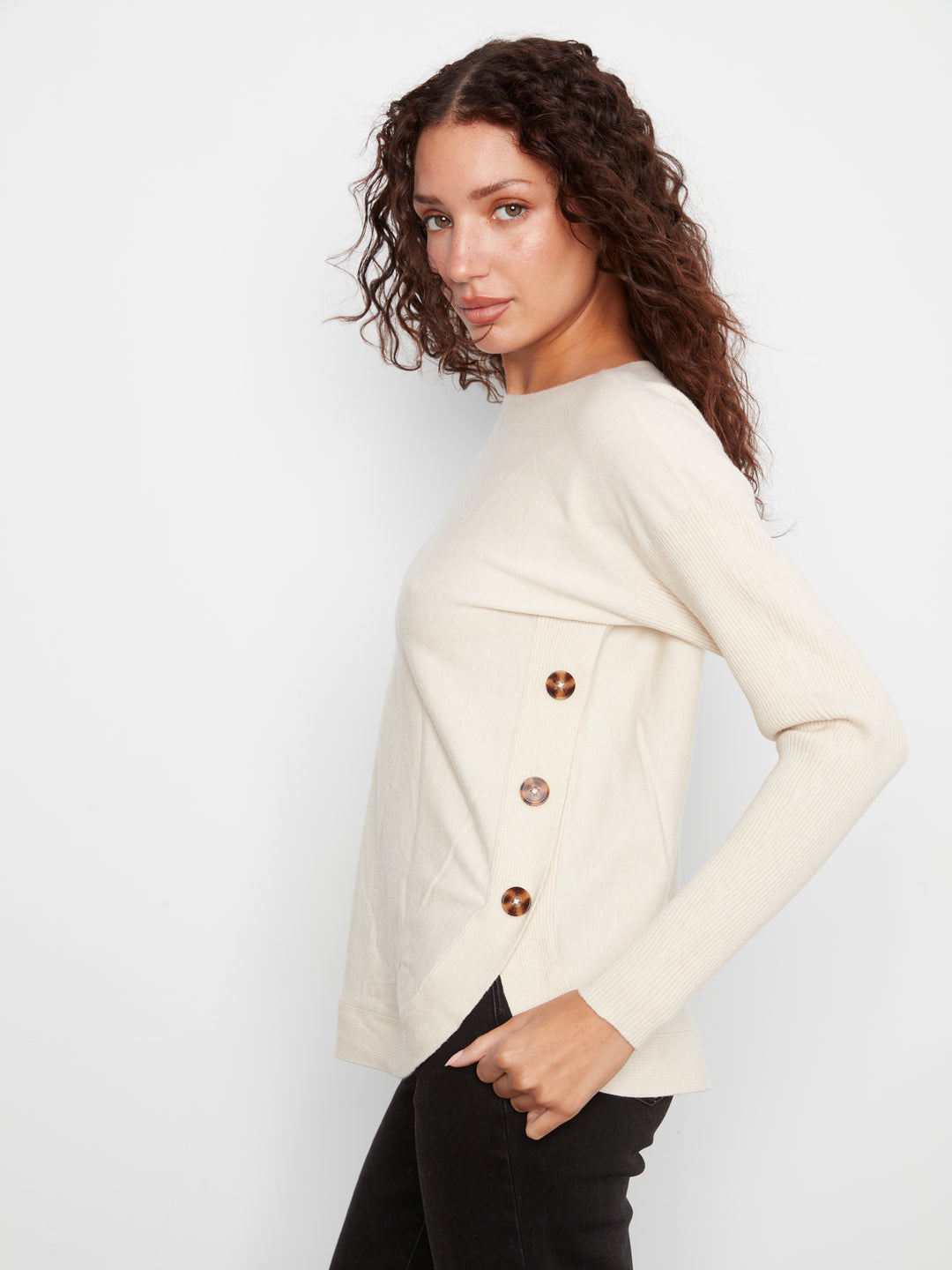 Long Sleeve Drop Shoulder Boat Neck Sweater With Side Buttons Detail