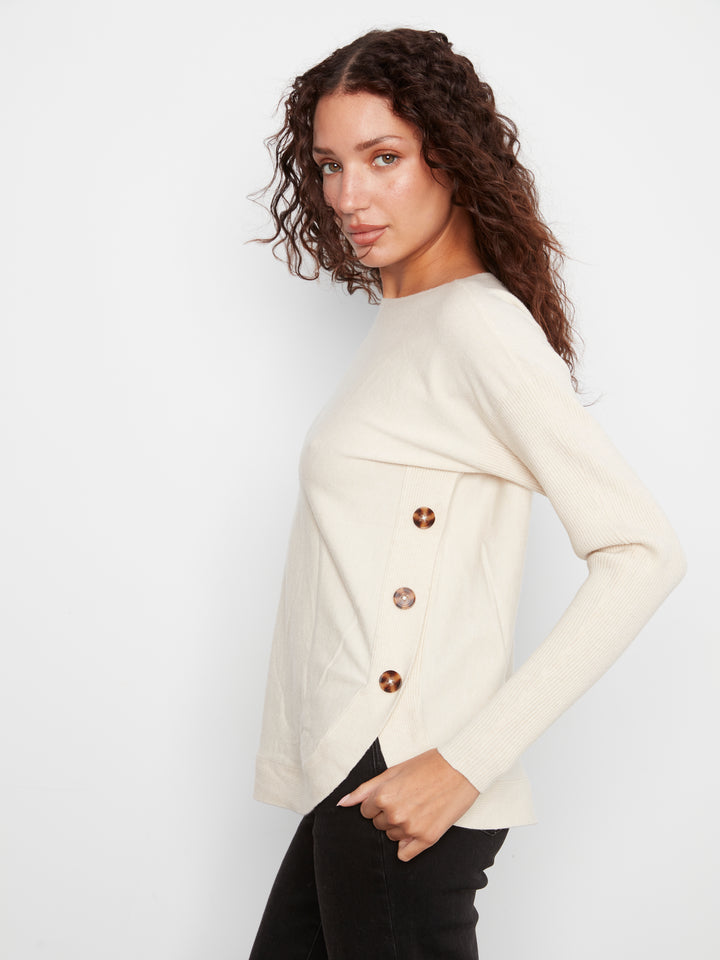 Long Sleeve Drop Shoulder Boat Neck Sweater With Side Buttons Detail
