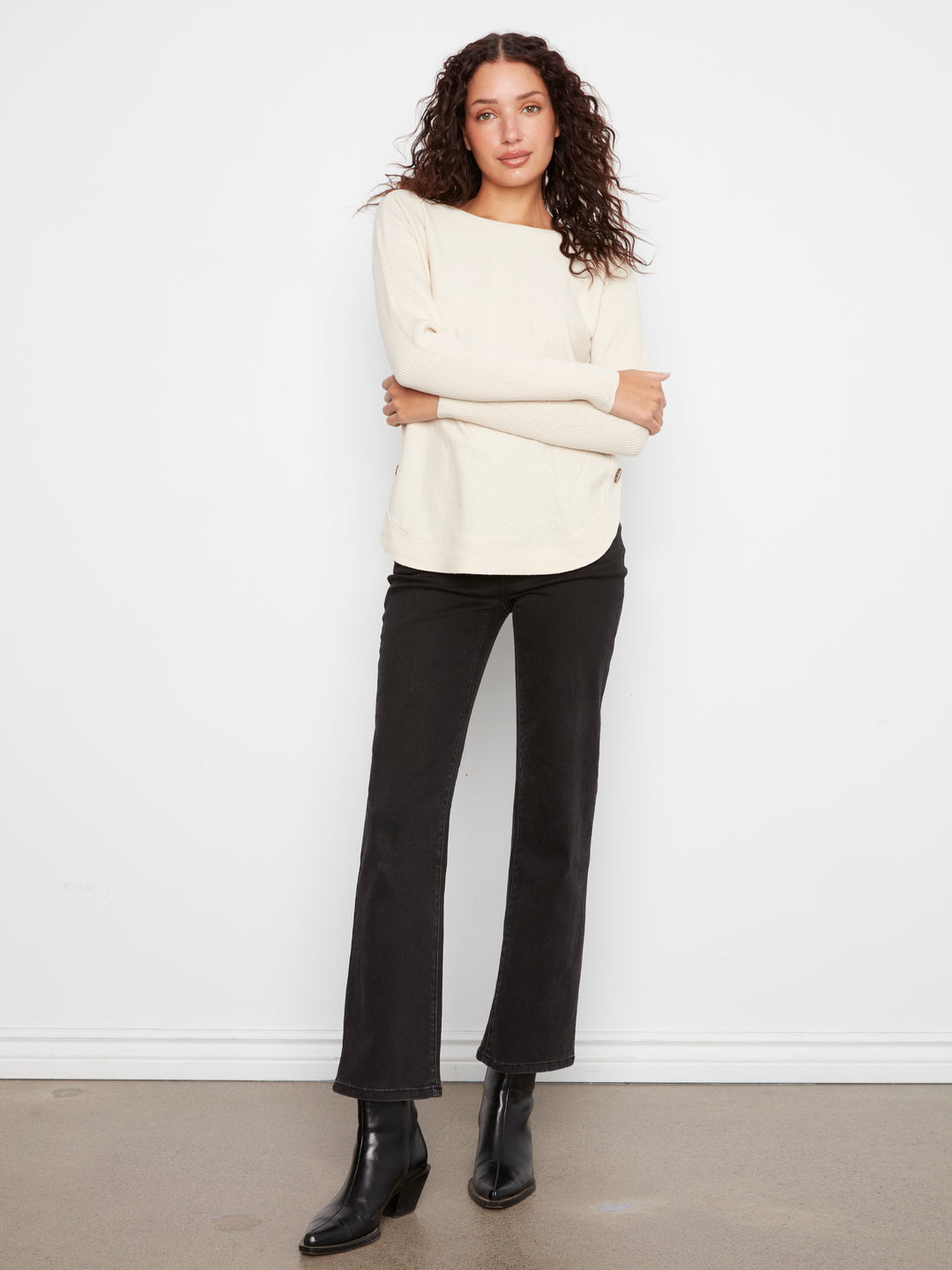 Long Sleeve Drop Shoulder Boat Neck Sweater With Side Buttons Detail