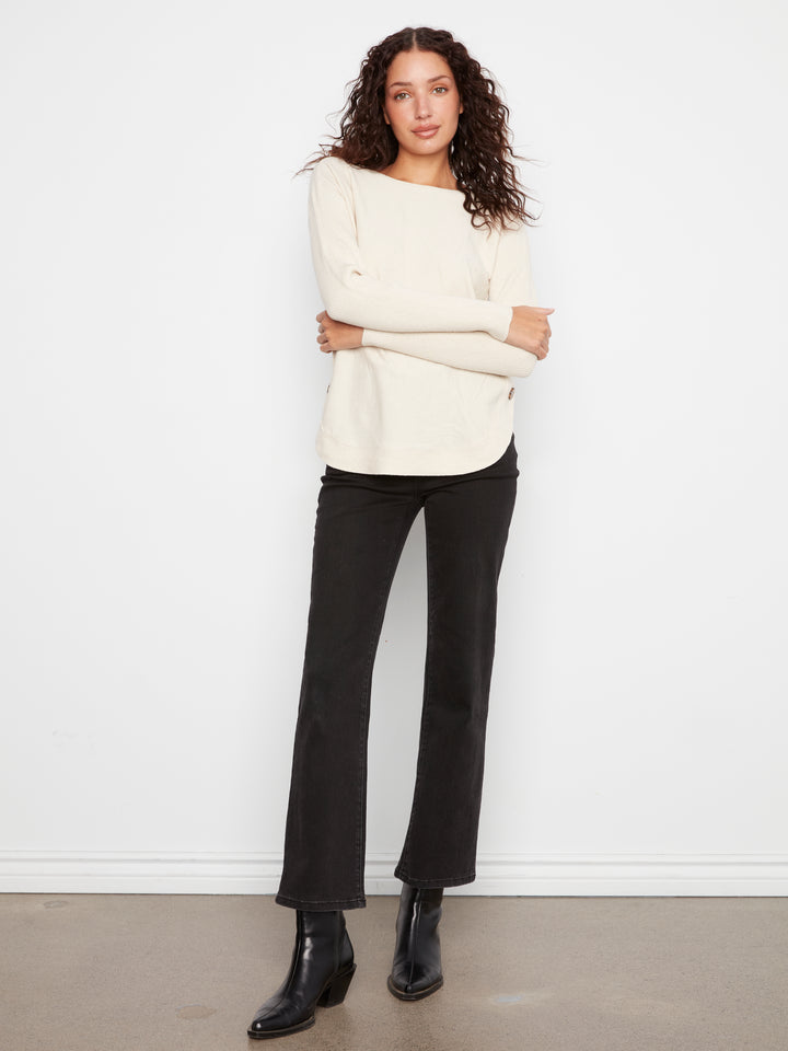 Long Sleeve Drop Shoulder Boat Neck Sweater With Side Buttons Detail