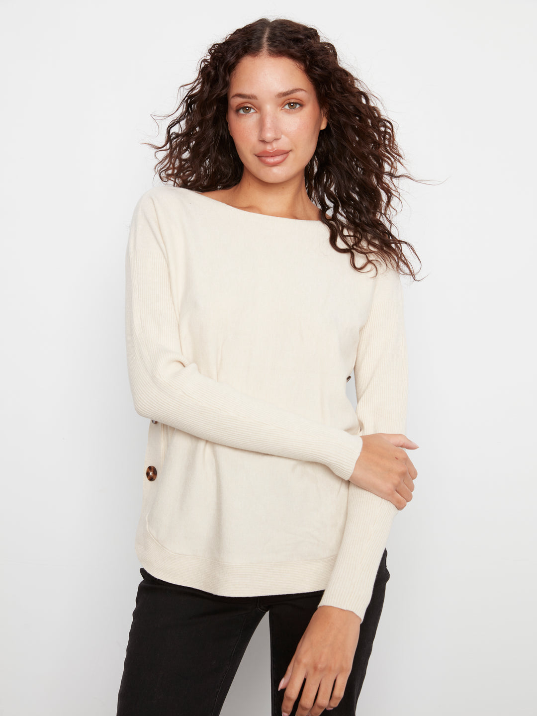 Long Sleeve Drop Shoulder Boat Neck Sweater With Side Buttons Detail
