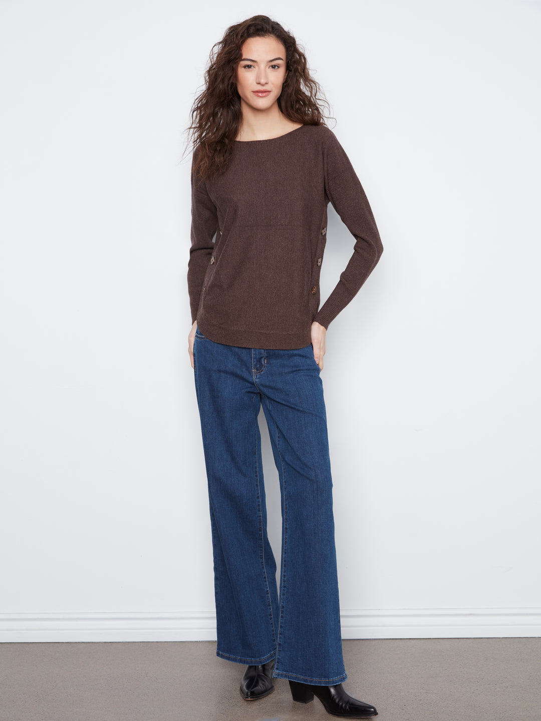 Long Sleeve Drop Shoulder Boat Neck Sweater With Side Buttons Detail