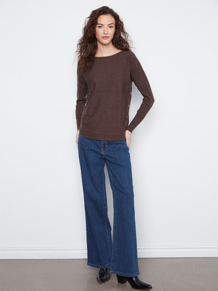 Long Sleeve Drop Shoulder Boat Neck Sweater With Side Buttons Detail