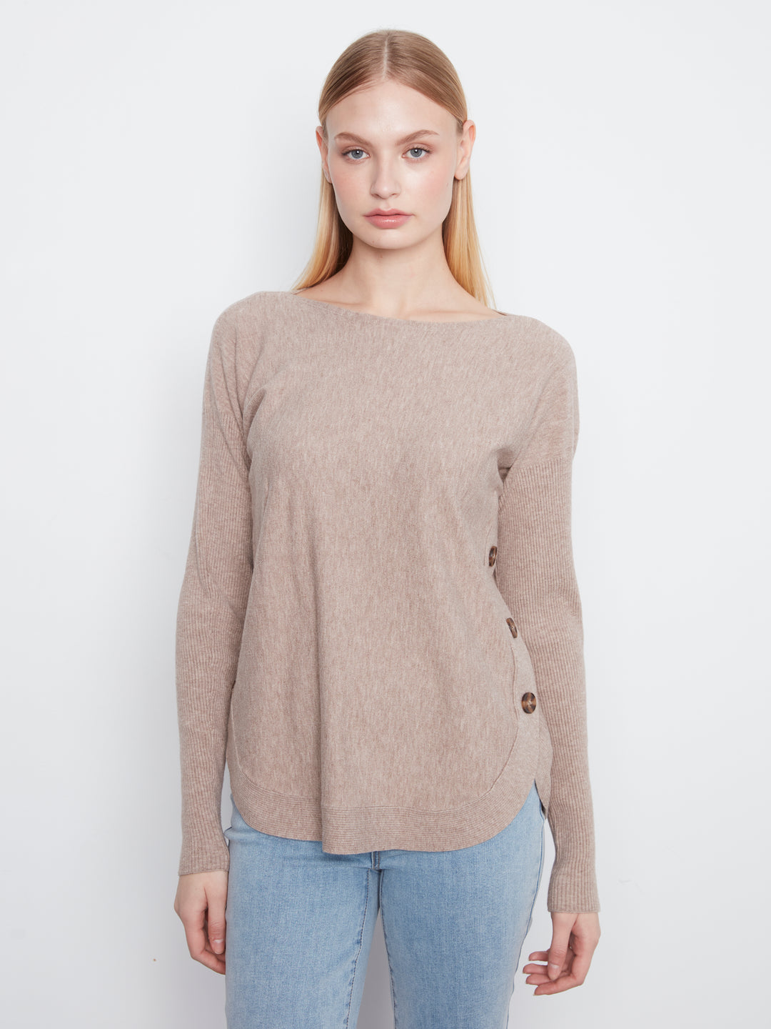 Long Sleeve Drop Shoulder Boat Neck Sweater With Side Buttons Detail