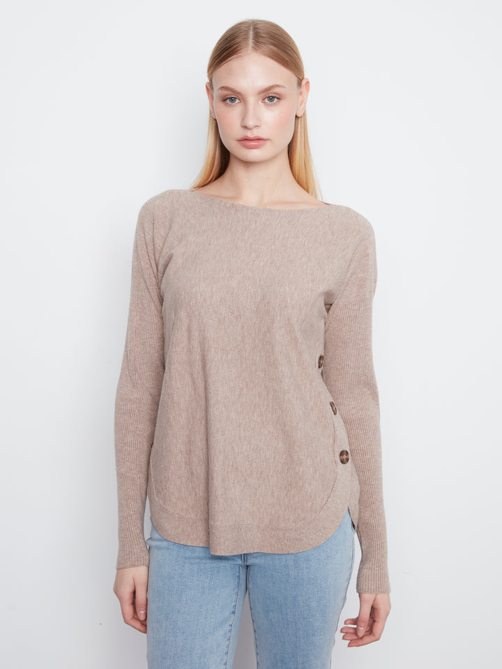Long Sleeve Drop Shoulder Boat Neck Sweater With Side Buttons Detail