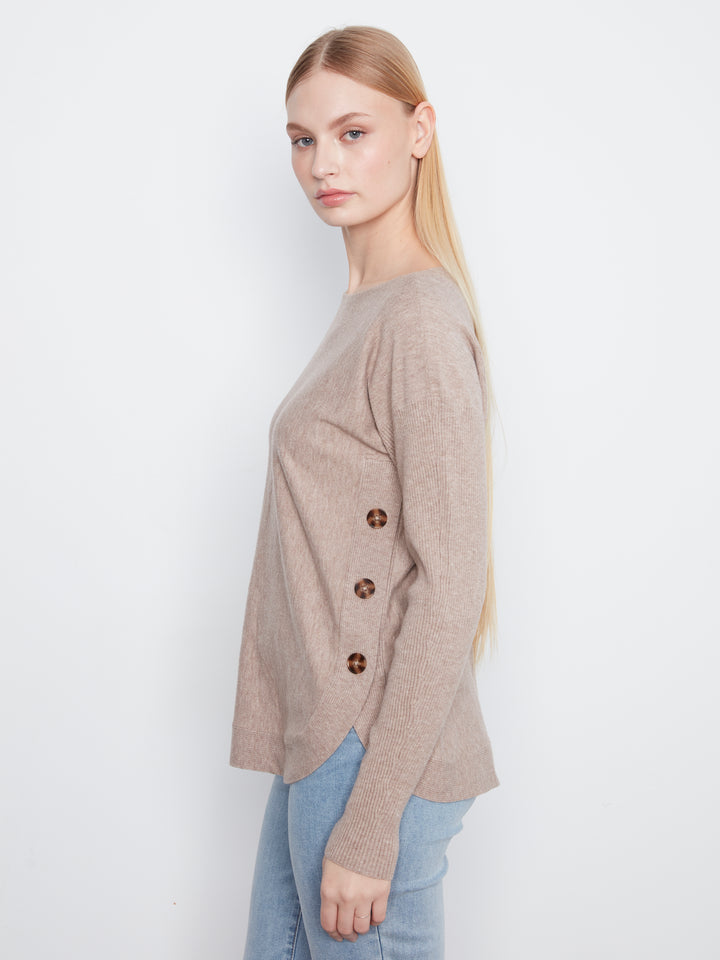 Long Sleeve Drop Shoulder Boat Neck Sweater With Side Buttons Detail