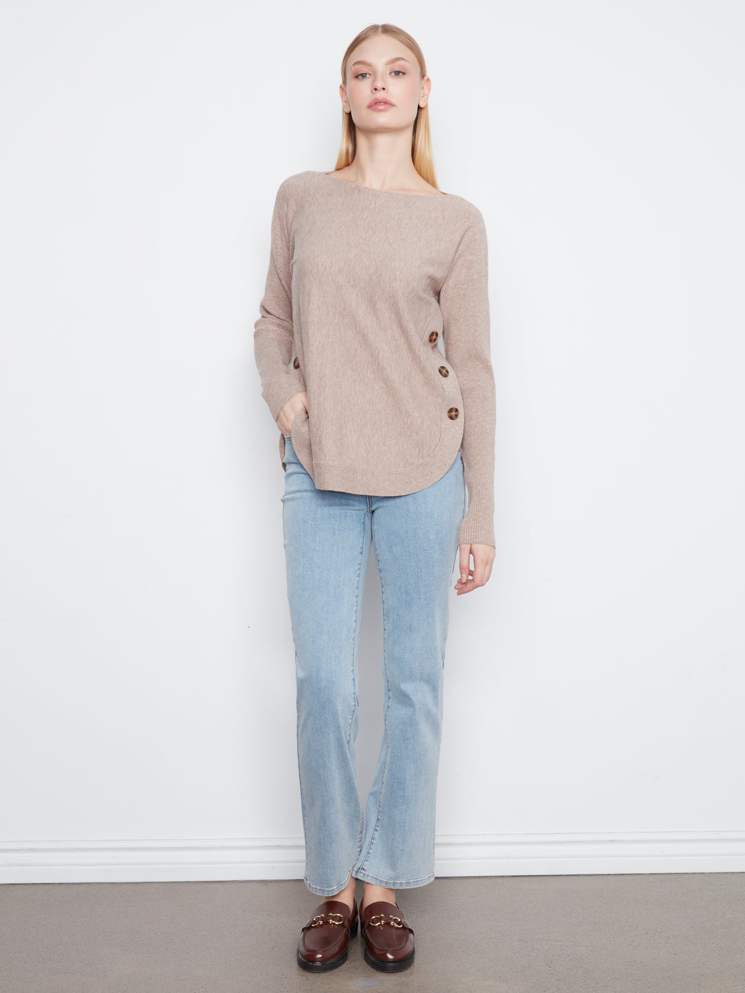 Long Sleeve Drop Shoulder Boat Neck Sweater With Side Buttons Detail