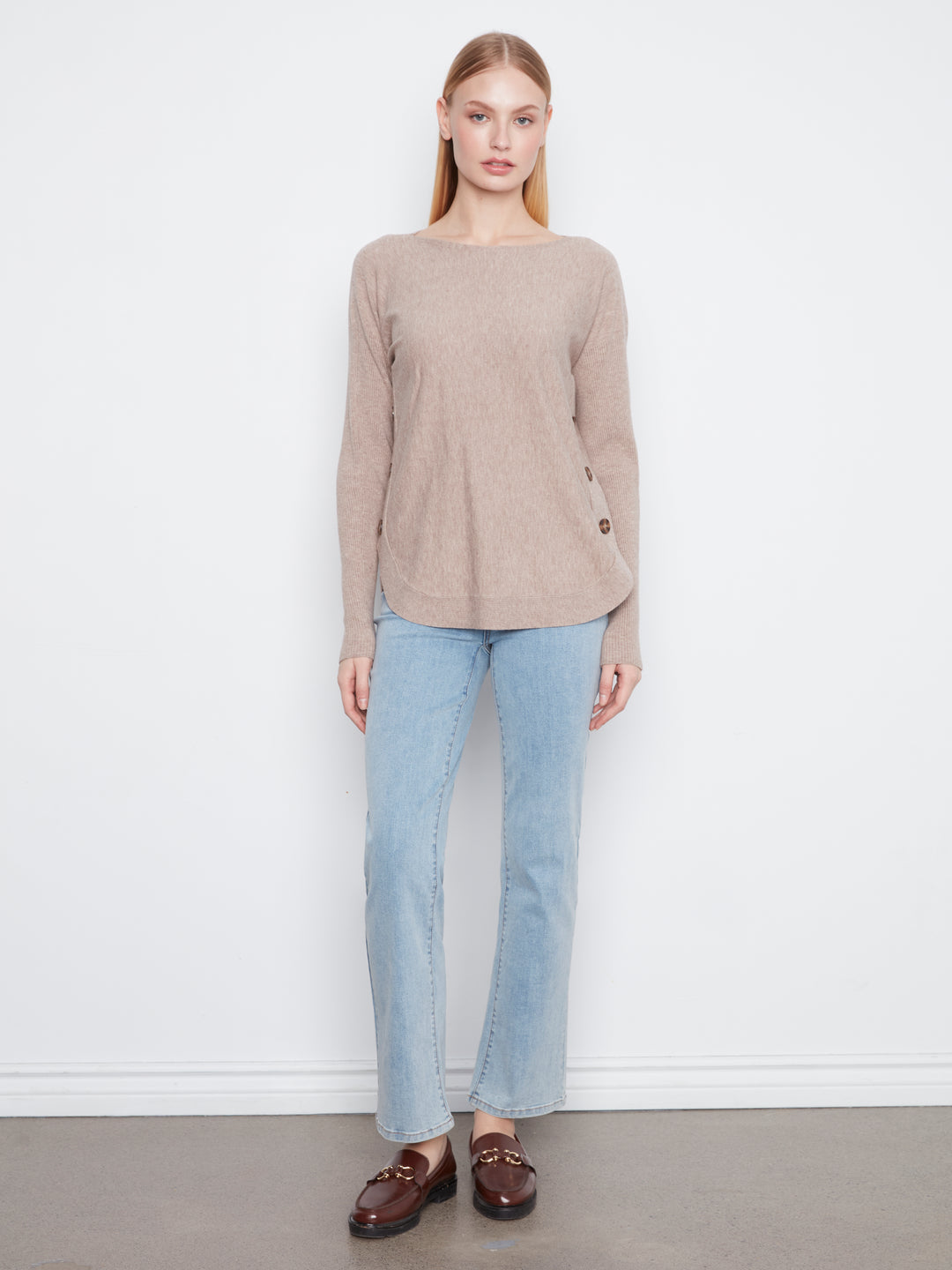 Long Sleeve Drop Shoulder Boat Neck Sweater With Side Buttons Detail