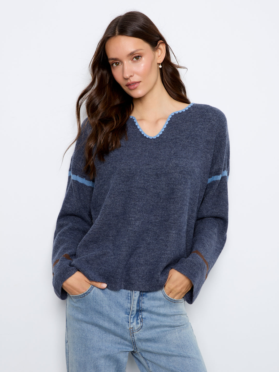 Embroidered Ribbed Sweater with Notch Neck