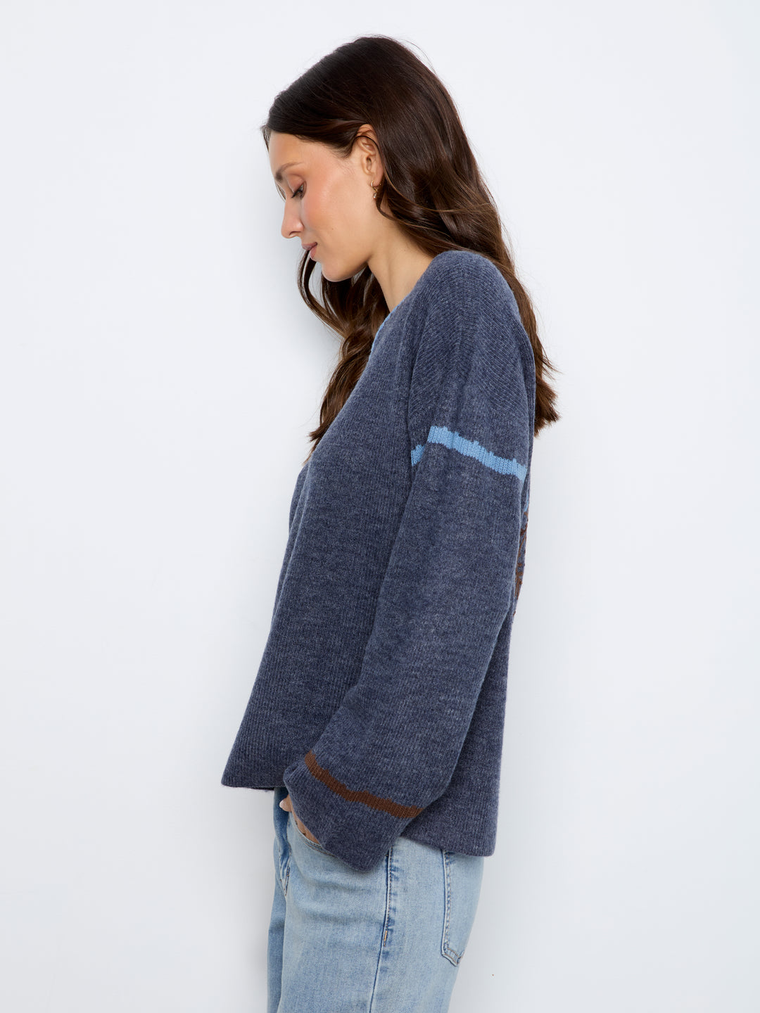 Embroidered Ribbed Sweater with Notch Neck