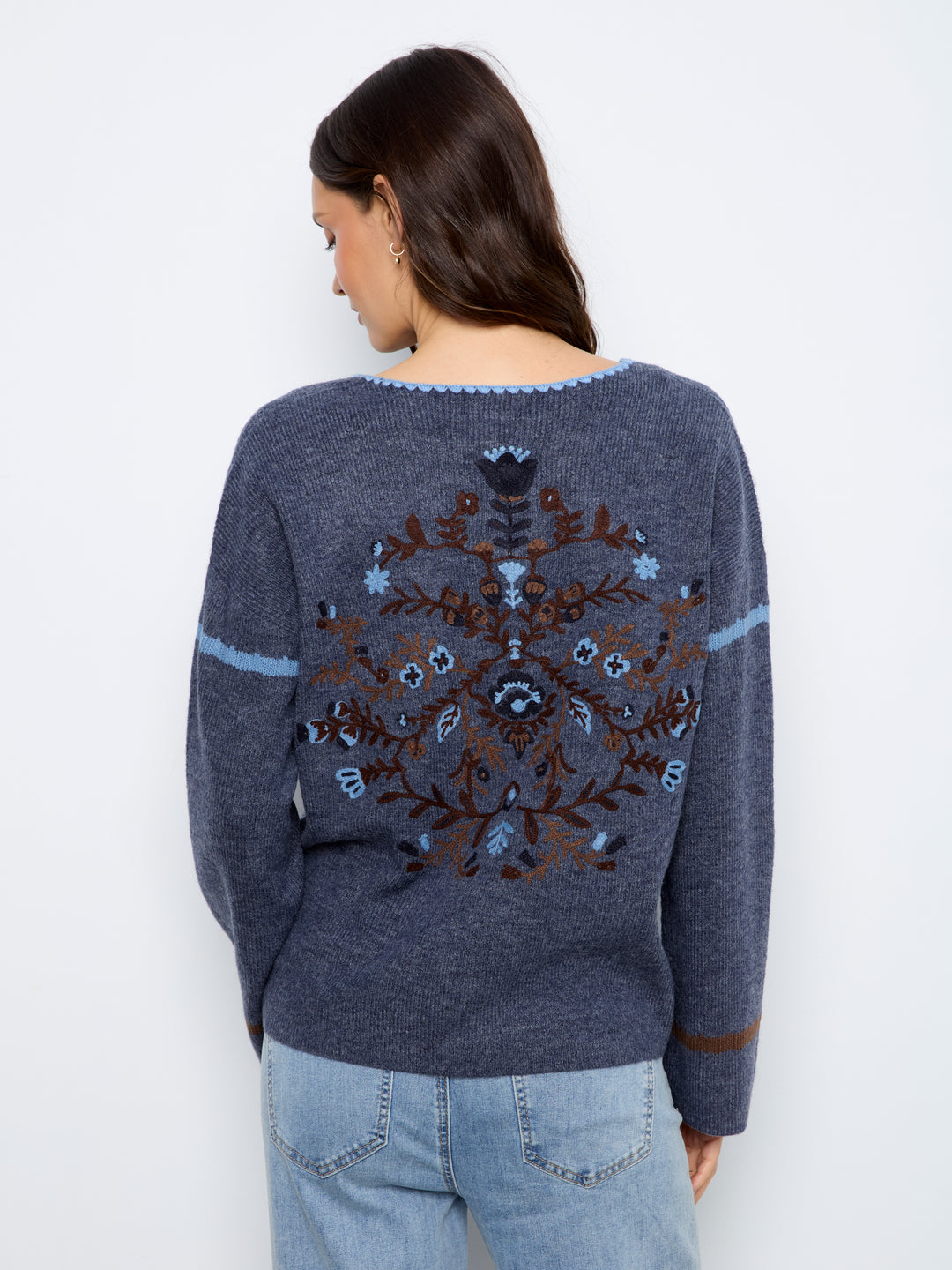 Embroidered Ribbed Sweater with Notch Neck