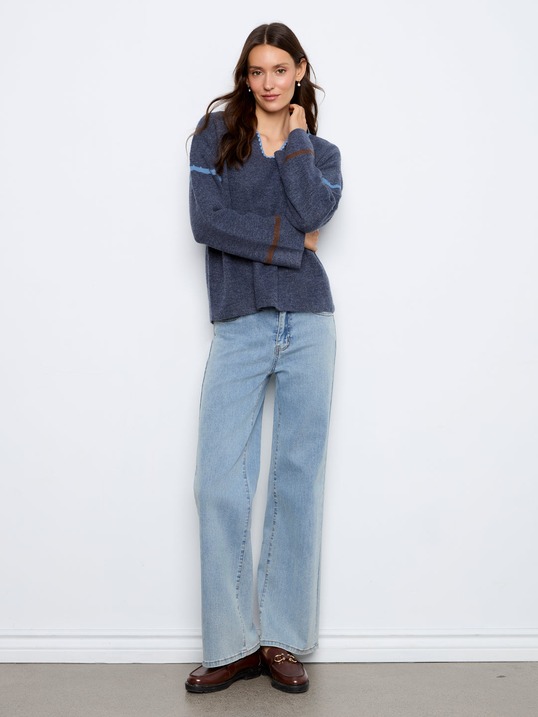 Embroidered Ribbed Sweater with Notch Neck