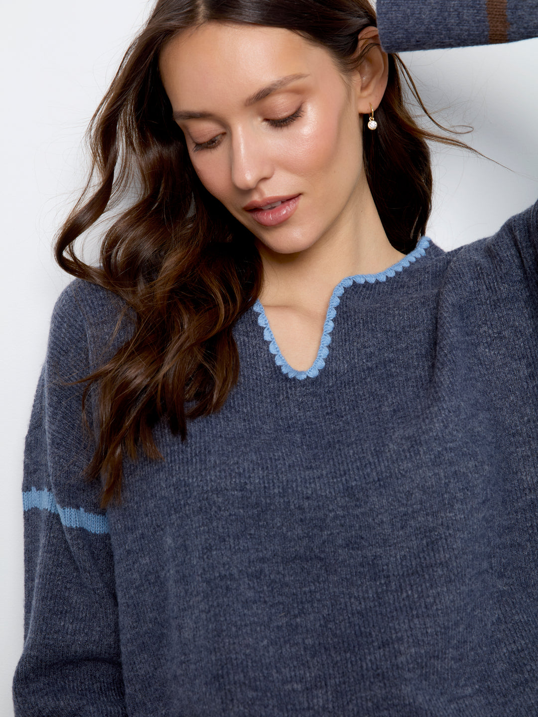 Embroidered Ribbed Sweater with Notch Neck