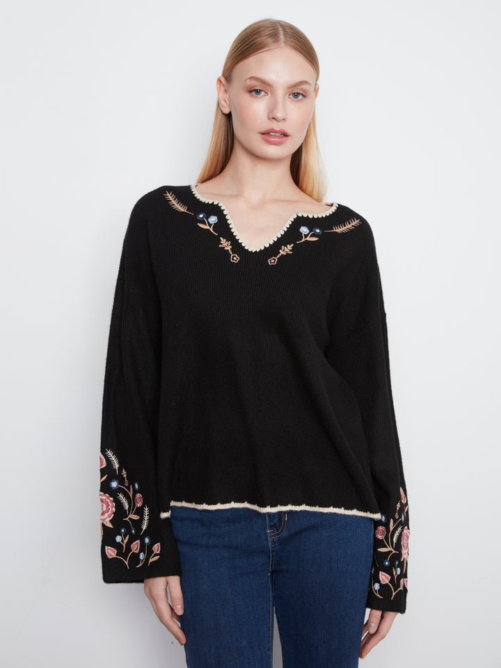 Embroidered Ribbed Sweater with Notch Neck