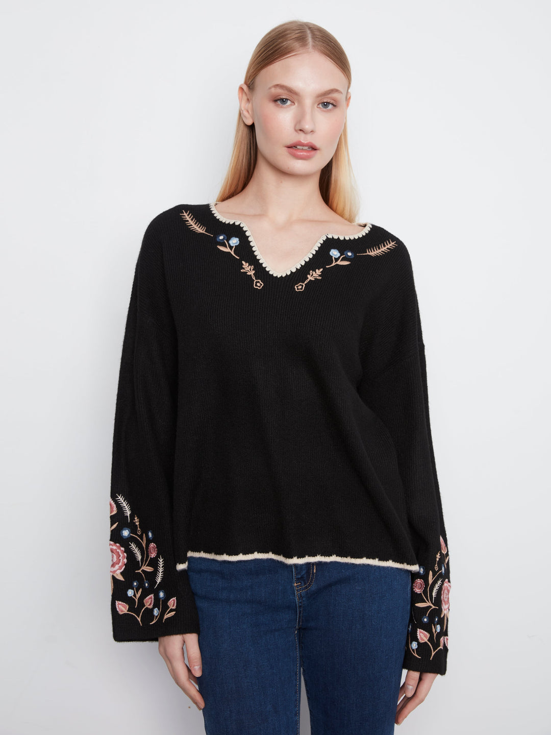 Embroidered Ribbed Sweater with Notch Neck