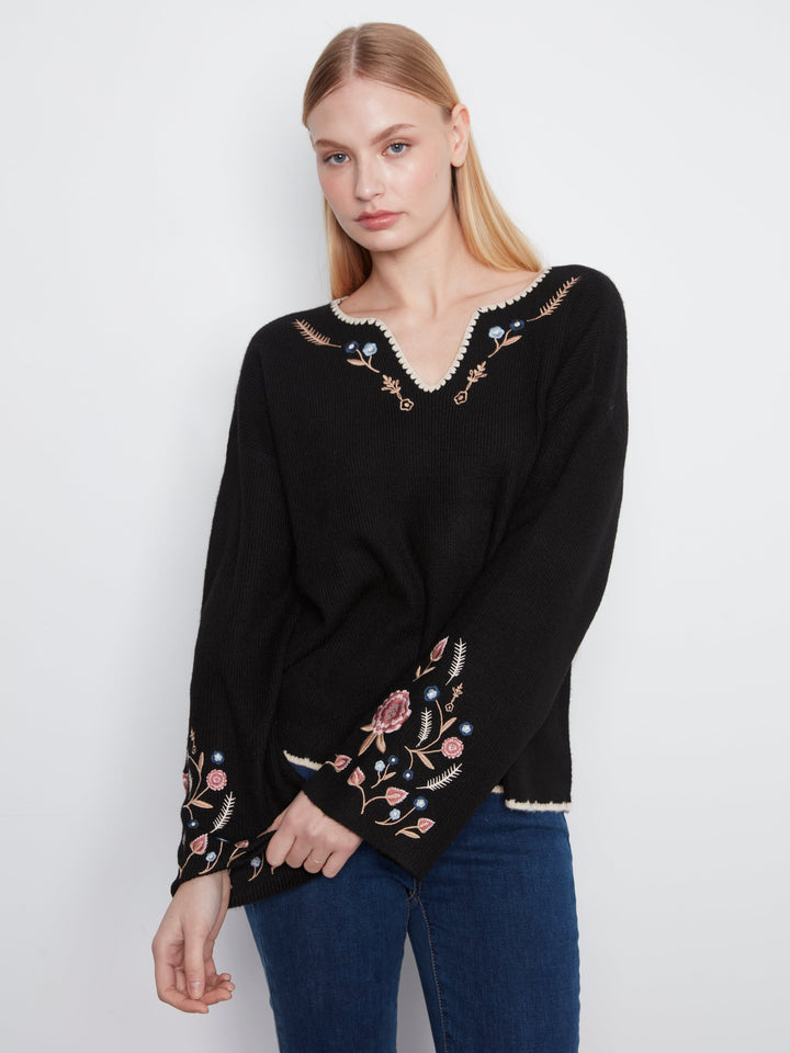 Embroidered Ribbed Sweater with Notch Neck