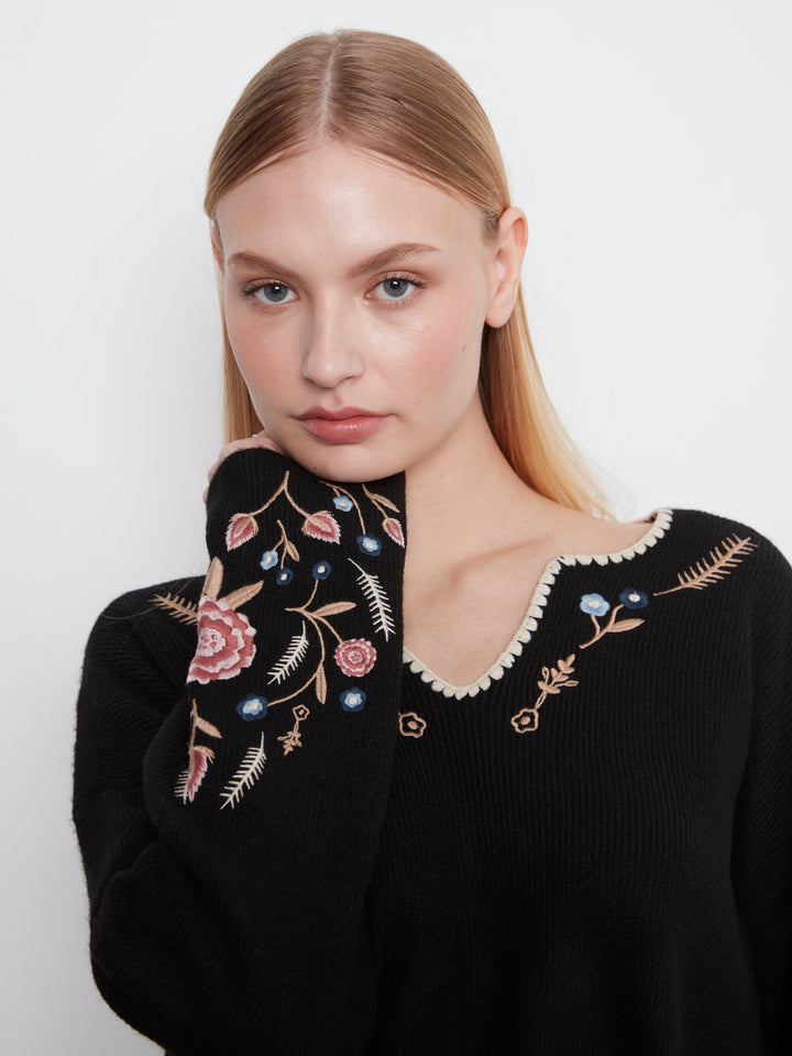 Embroidered Ribbed Sweater with Notch Neck