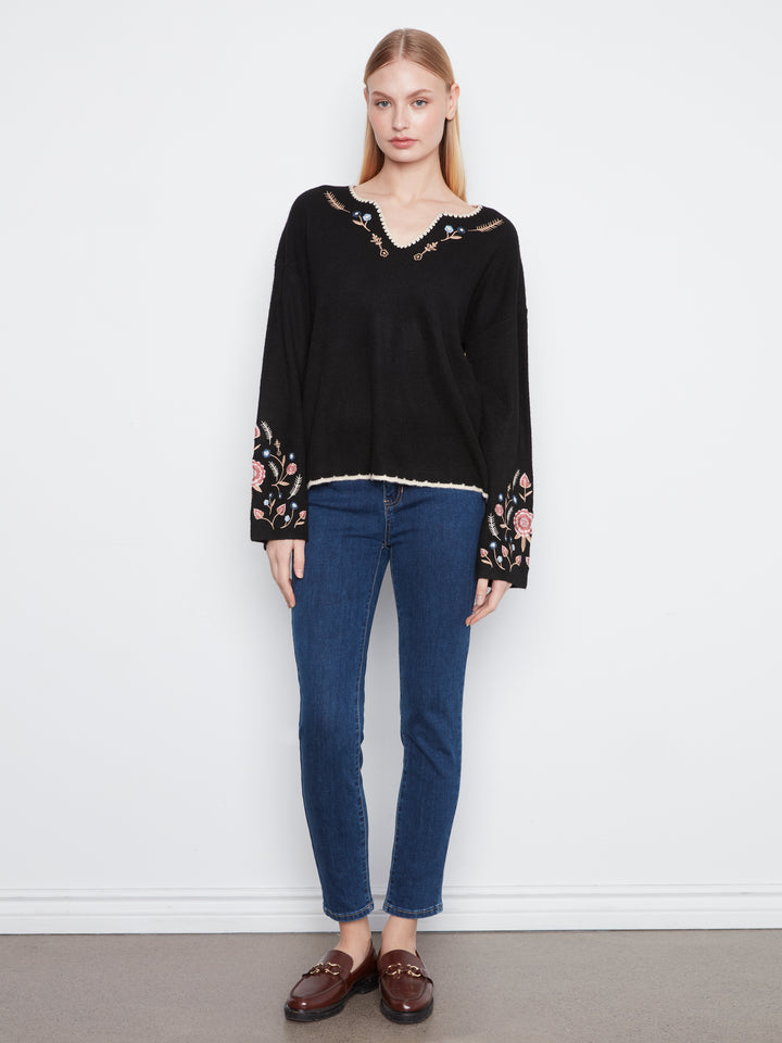 Embroidered Ribbed Sweater with Notch Neck