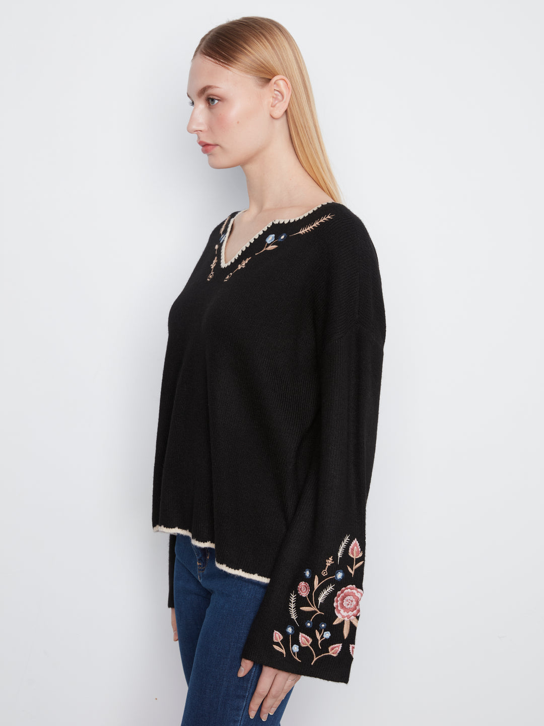 Embroidered Ribbed Sweater with Notch Neck