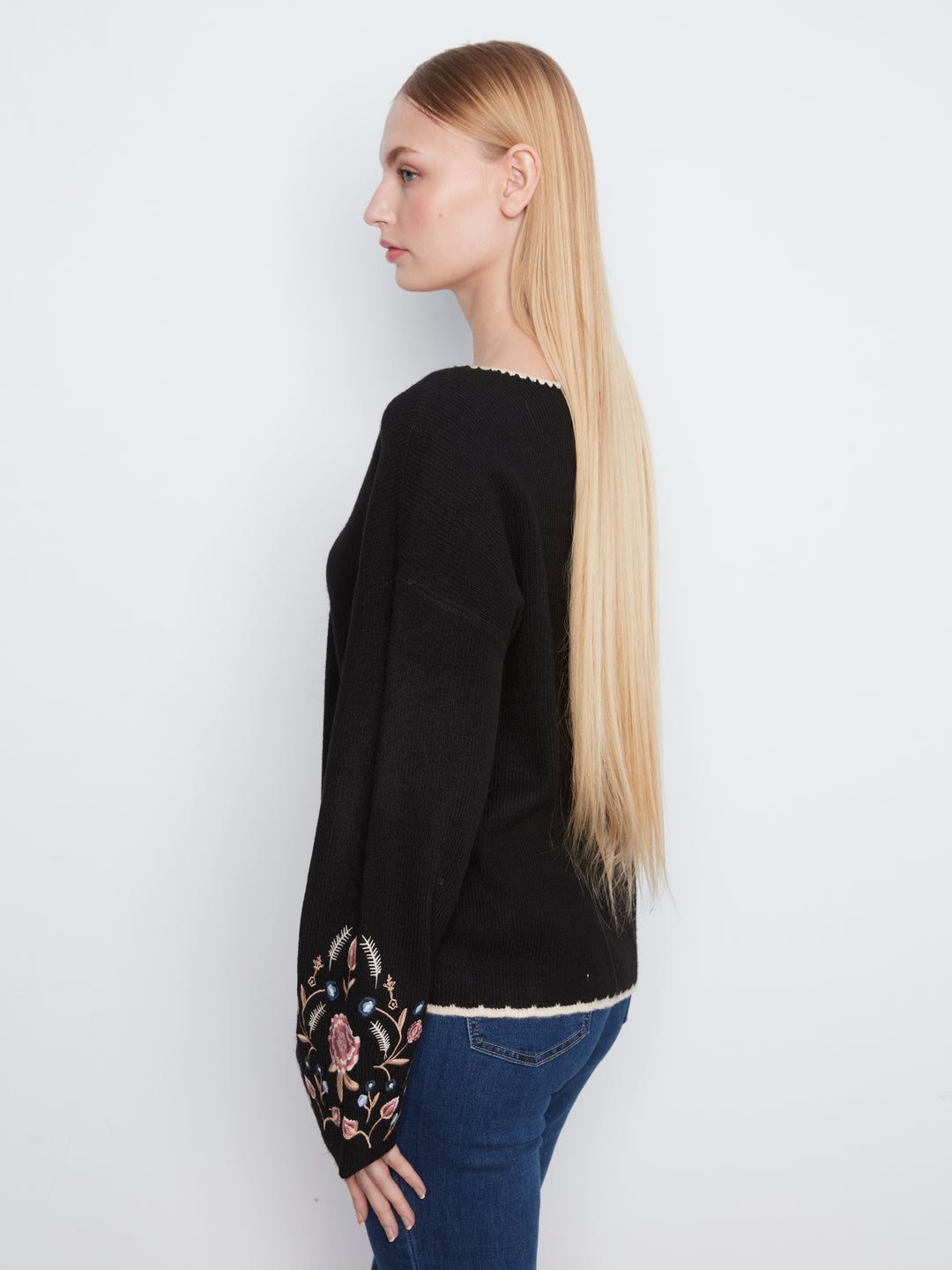 Embroidered Ribbed Sweater with Notch Neck