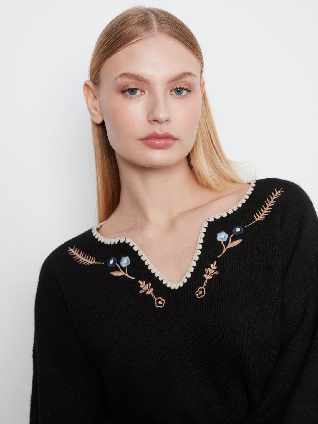 Embroidered Ribbed Sweater with Notch Neck