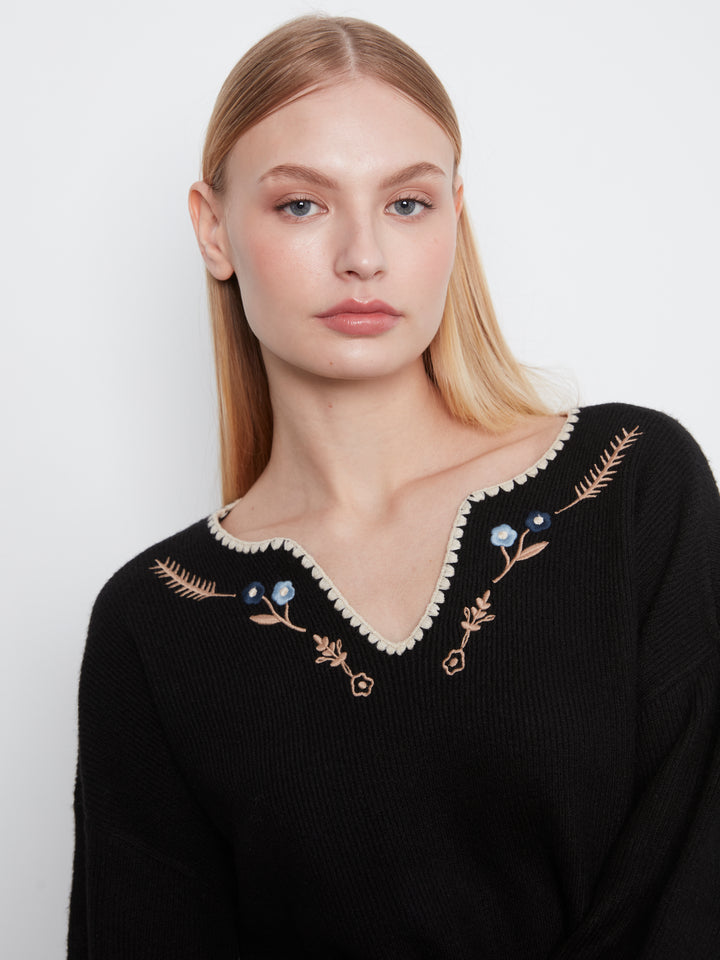 Embroidered Ribbed Sweater with Notch Neck