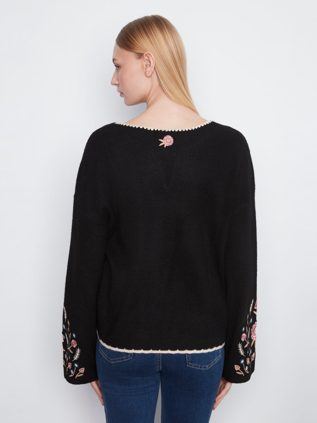 Embroidered Ribbed Sweater with Notch Neck