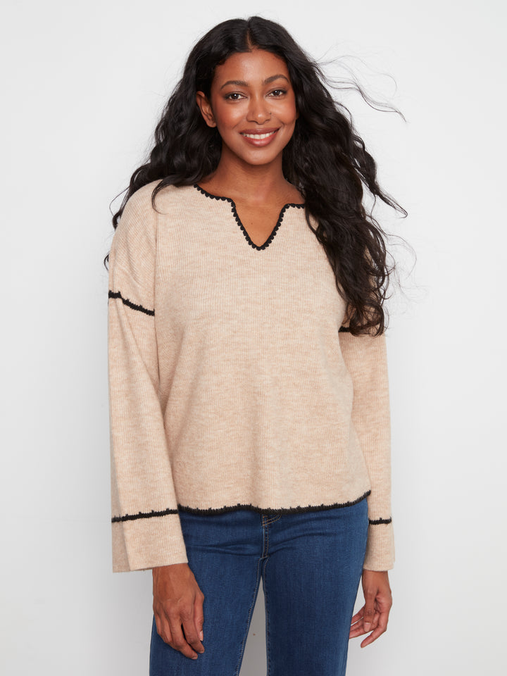 Embroidered Ribbed Sweater with Notch Neck